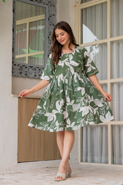Green Printed Cotton Tunic Dress