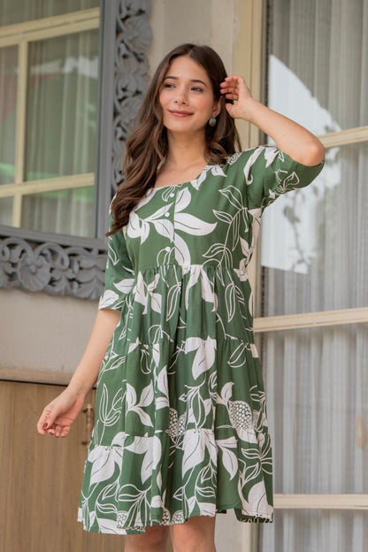 Green Printed Cotton Tunic Dress