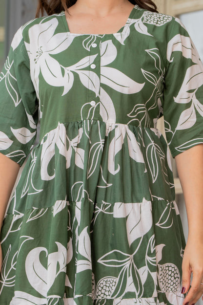 Green Printed Cotton Tunic Dress