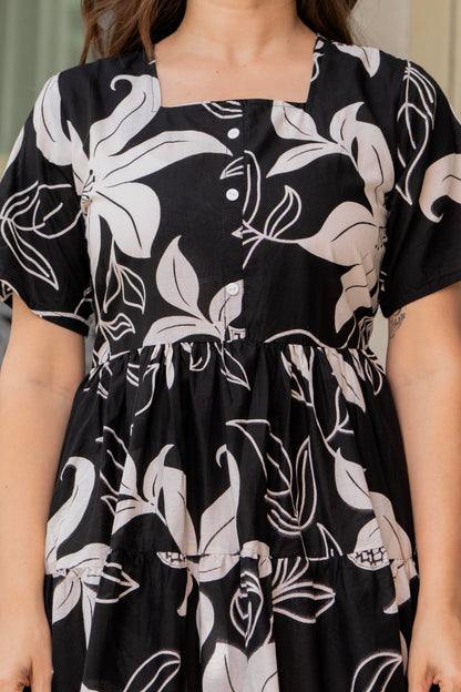 Black Printed Cotton Tunic Dress