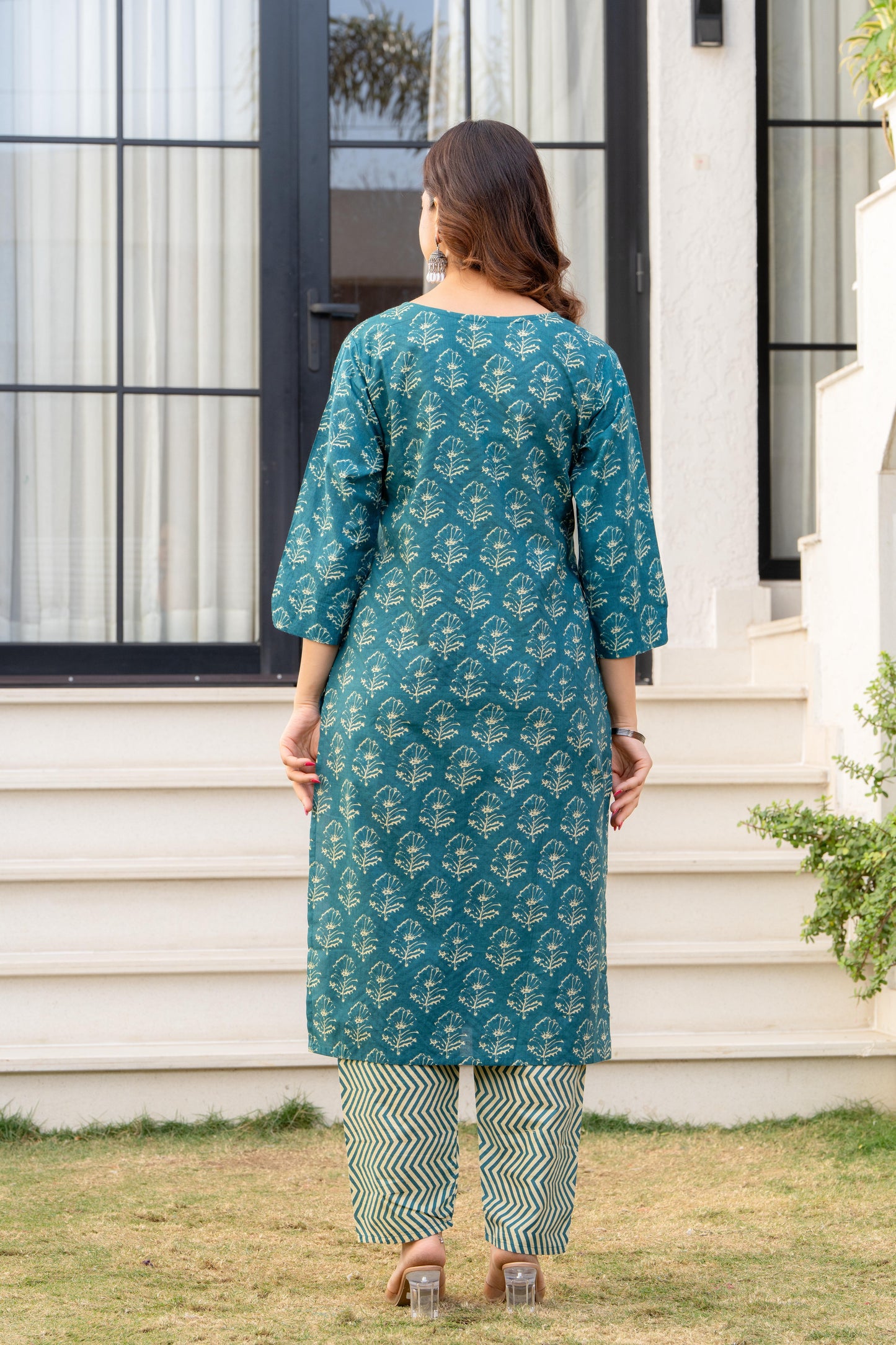 Deep Aqua Printed Cotton Kurta and Pant Set with Dupatta