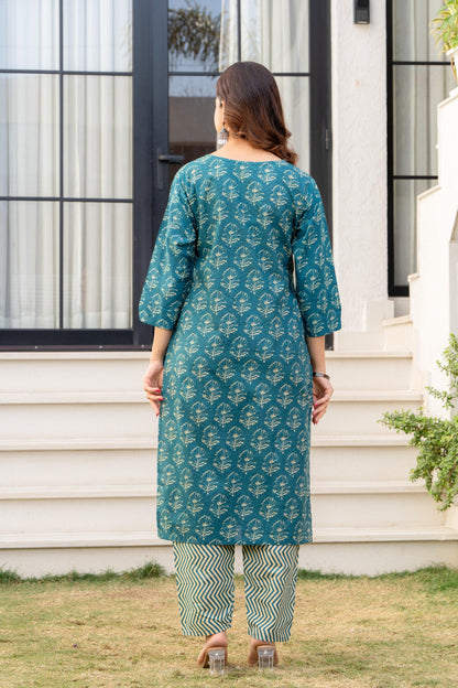 Deep Aqua Printed Cotton Kurta and Pant Set with Dupatta