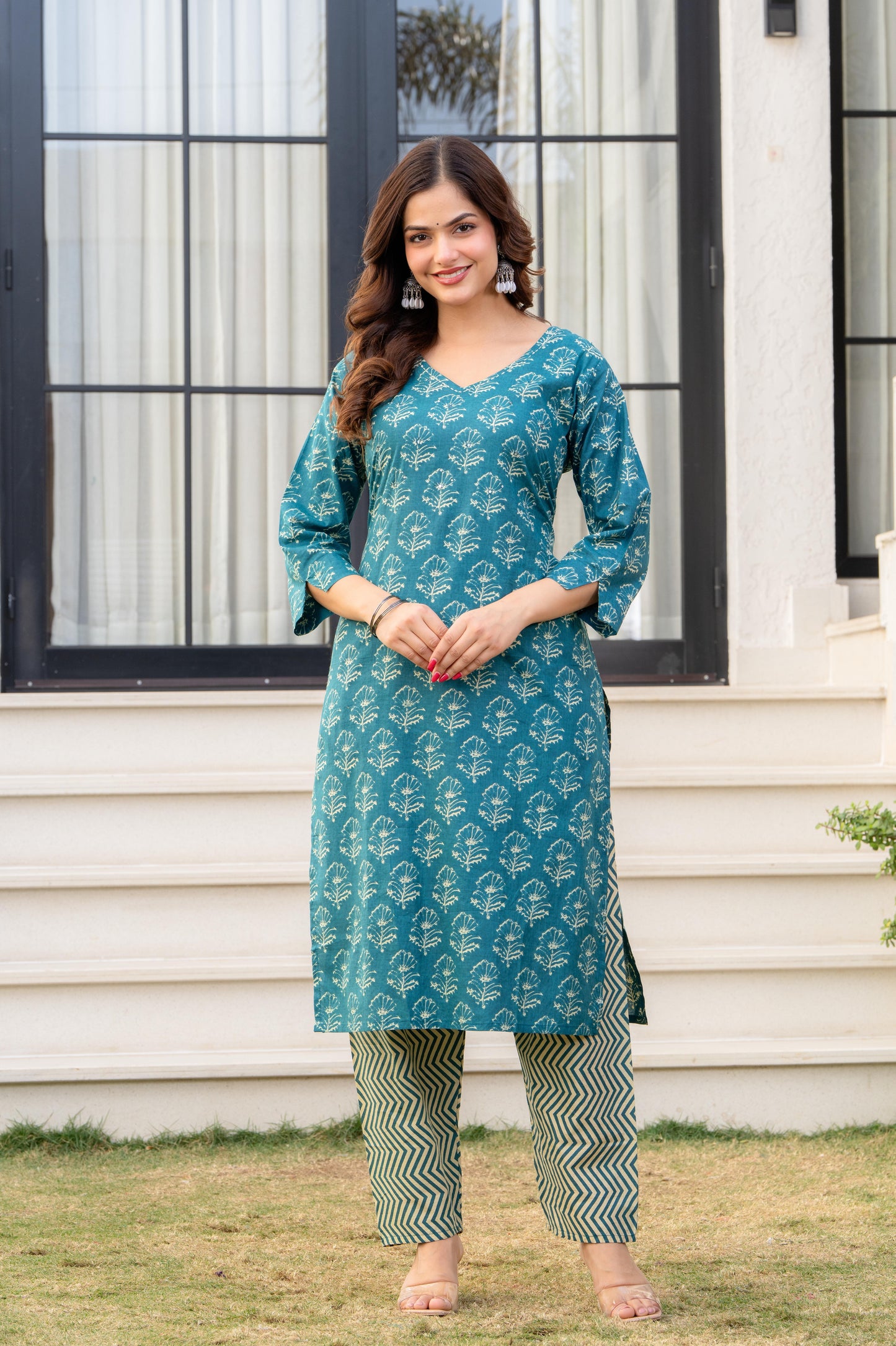 Deep Aqua Printed Cotton Kurta and Pant Set with Dupatta