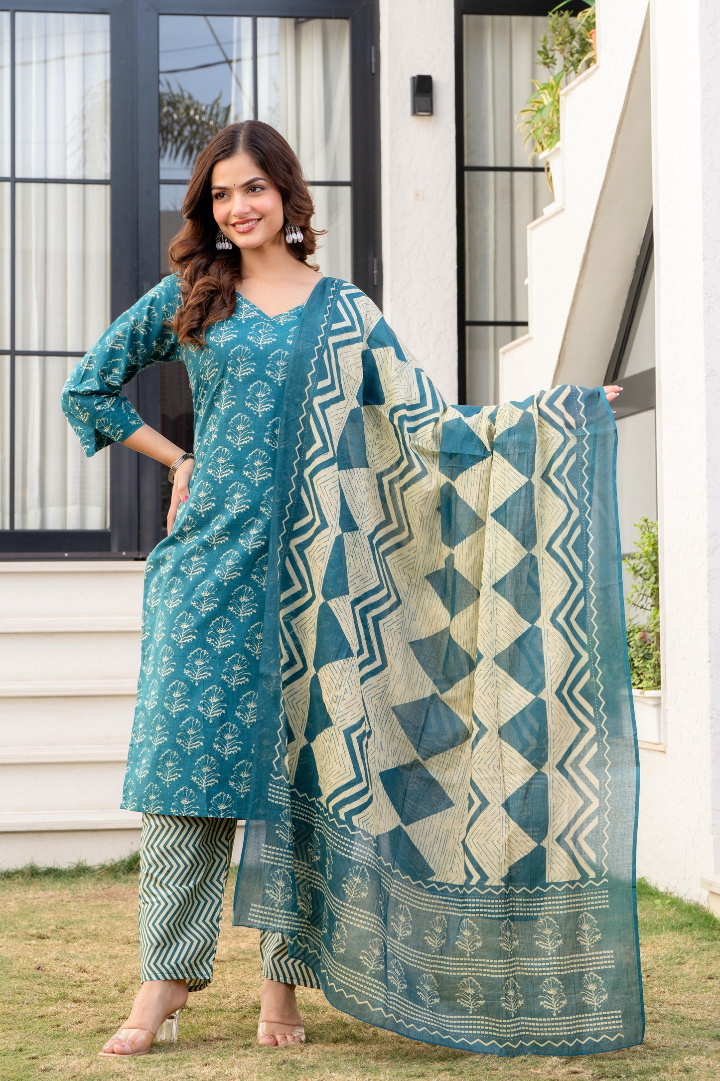 Deep Aqua Printed Cotton Kurta and Pant Set with Dupatta
