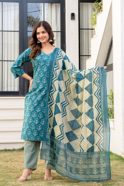 Deep Aqua Printed Cotton Kurta and Pant Set with Dupatta