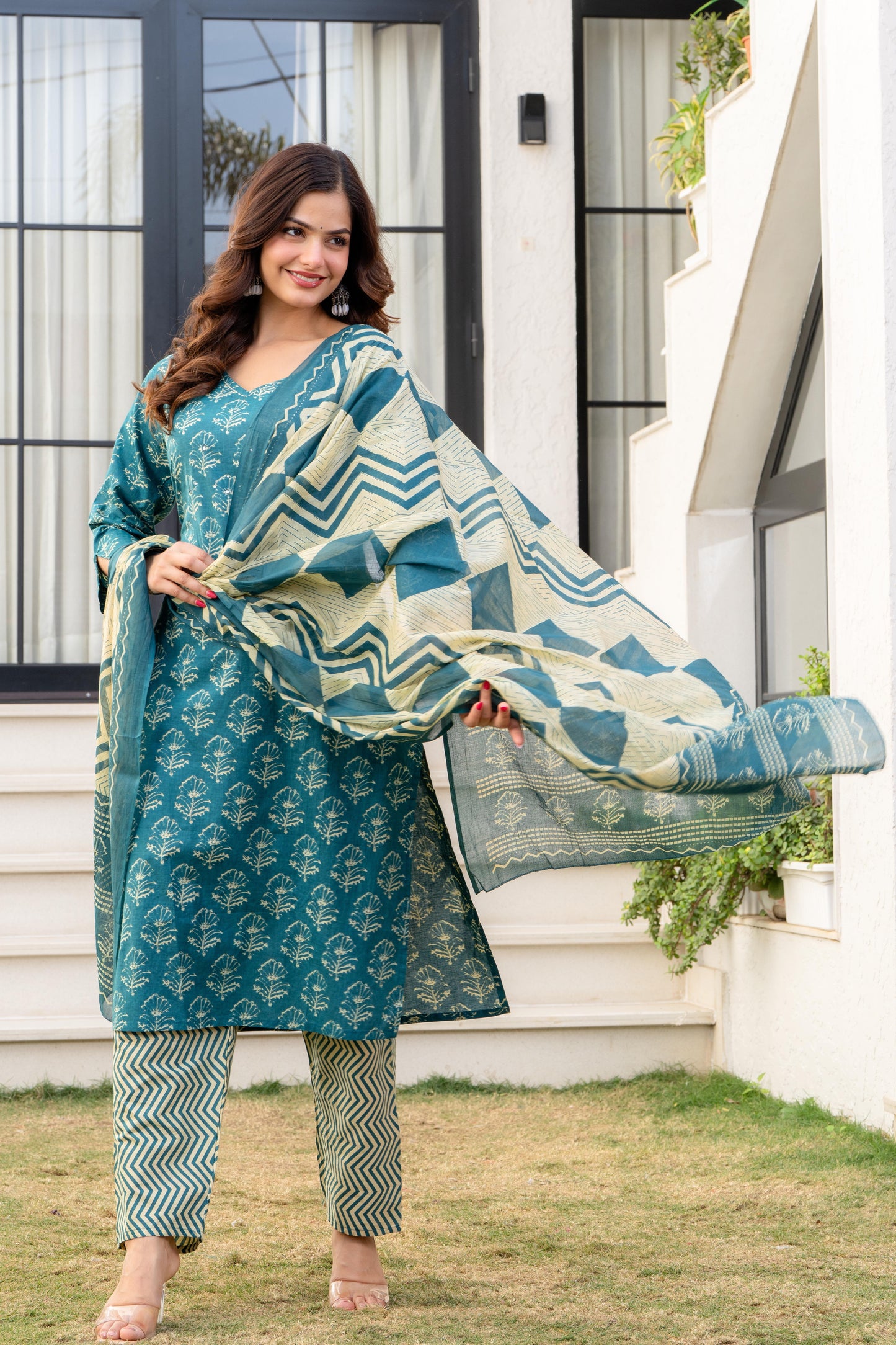 Deep Aqua Printed Cotton Kurta and Pant Set with Dupatta