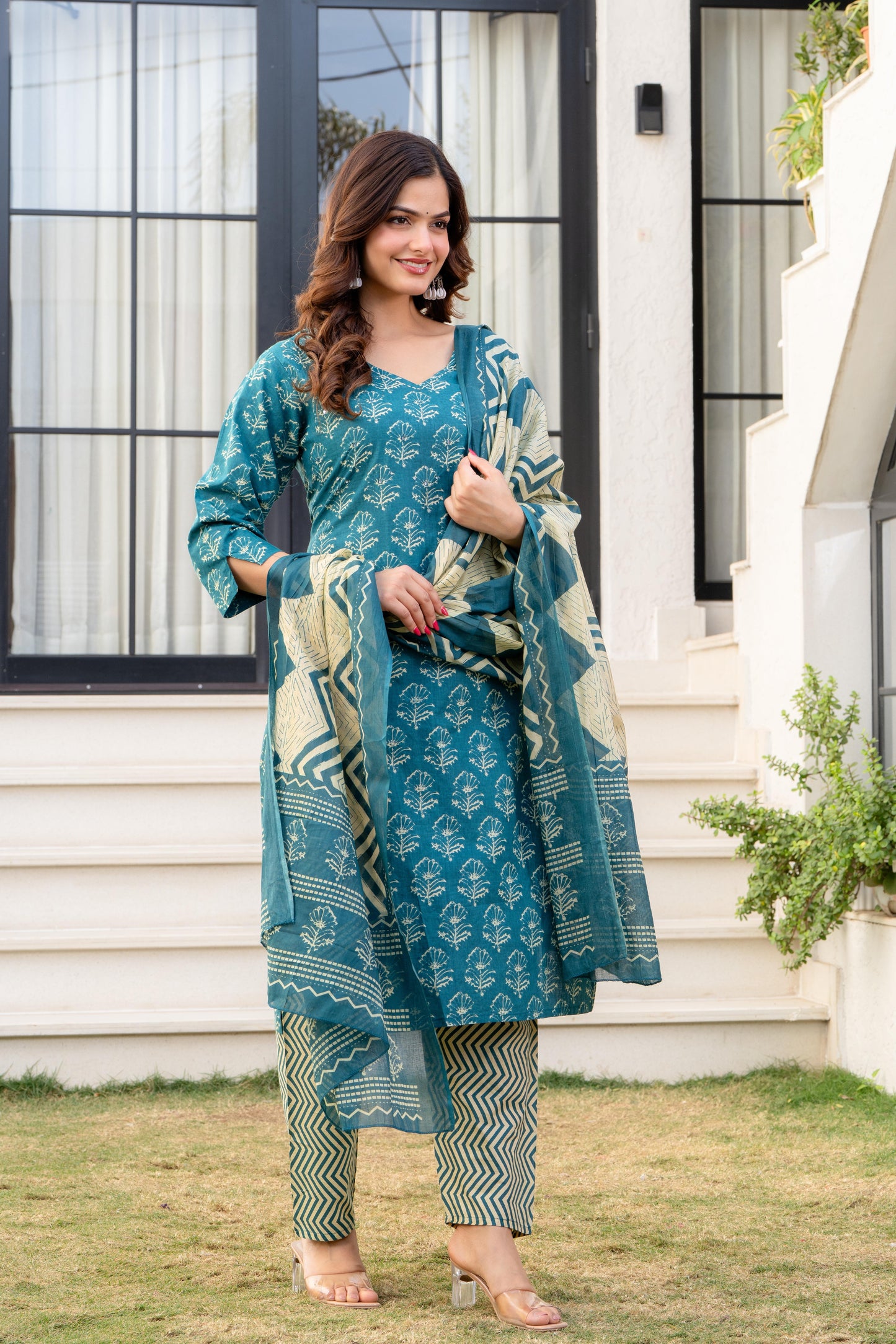 Deep Aqua Printed Cotton Kurta and Pant Set with Dupatta