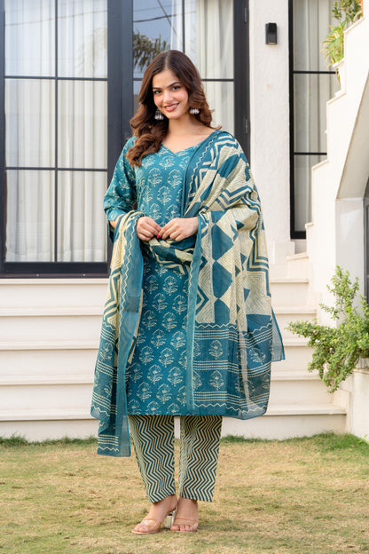 Deep Aqua Printed Cotton Kurta and Pant Set with Dupatta