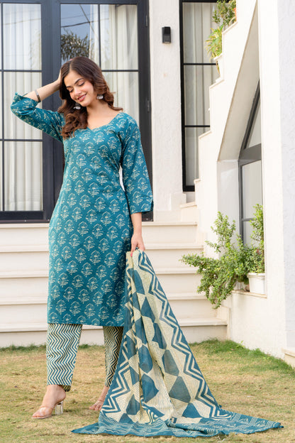 Deep Aqua Printed Cotton Kurta and Pant Set with Dupatta