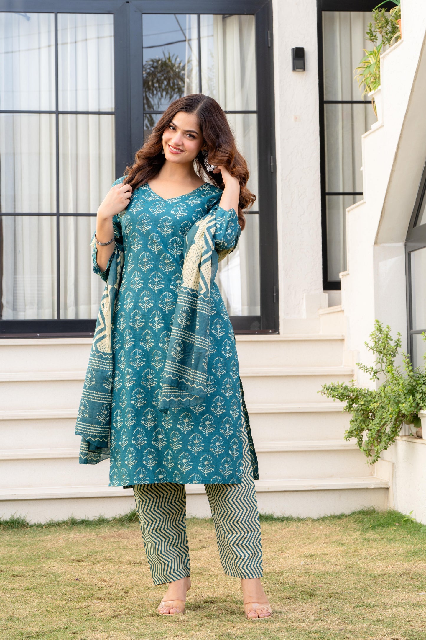 Deep Aqua Printed Cotton Kurta and Pant Set with Dupatta
