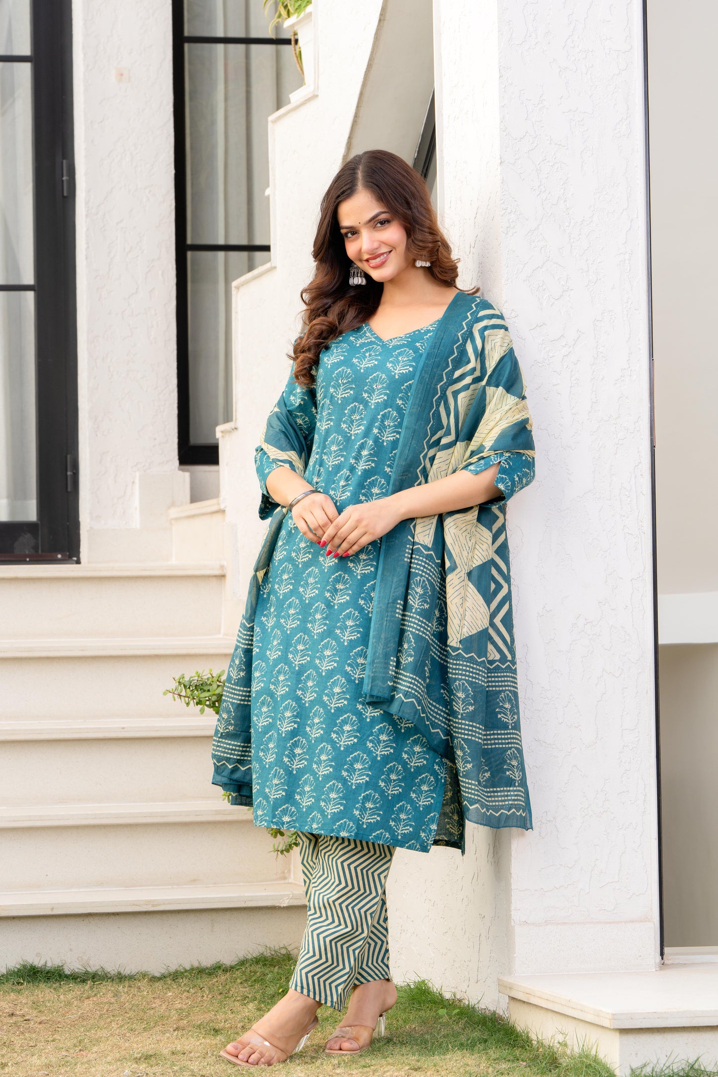Deep Aqua Printed Cotton Kurta and Pant Set with Dupatta