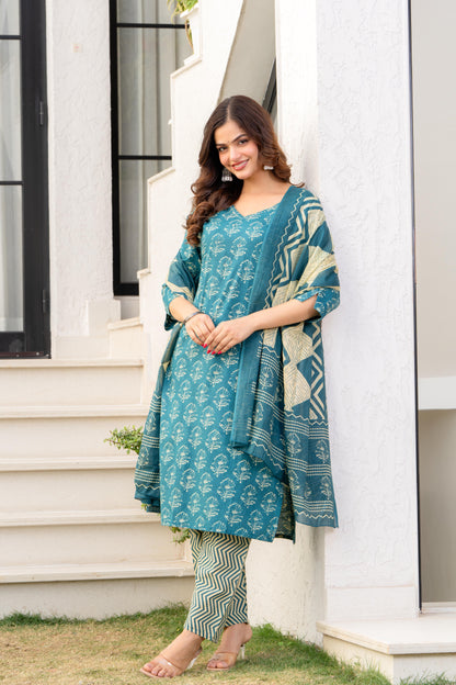 Deep Aqua Printed Cotton Kurta and Pant Set with Dupatta