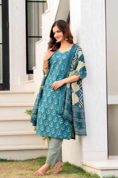Deep Aqua Printed Cotton Kurta and Pant Set with Dupatta