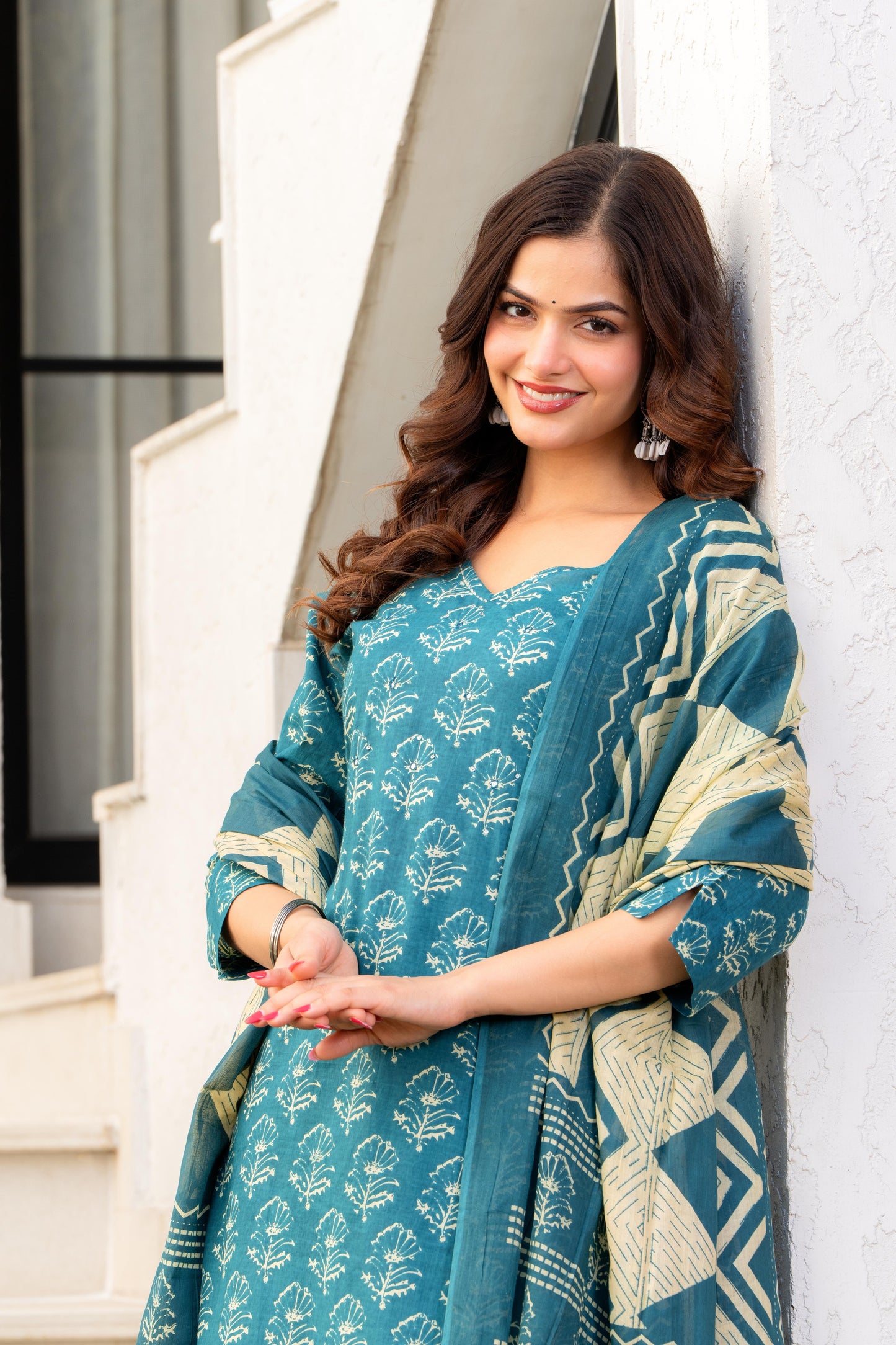 Deep Aqua Printed Cotton Kurta and Pant Set with Dupatta