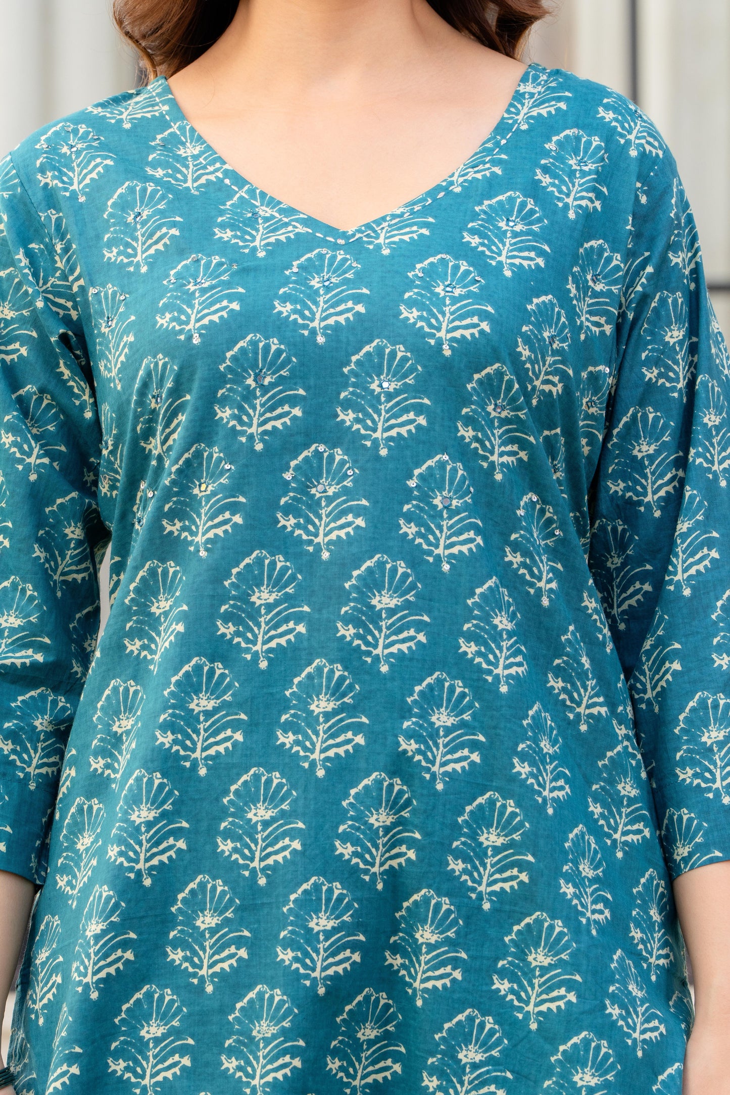 Deep Aqua Printed Cotton Kurta and Pant Set with Dupatta