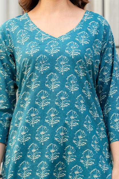 Deep Aqua Printed Cotton Kurta and Pant Set with Dupatta