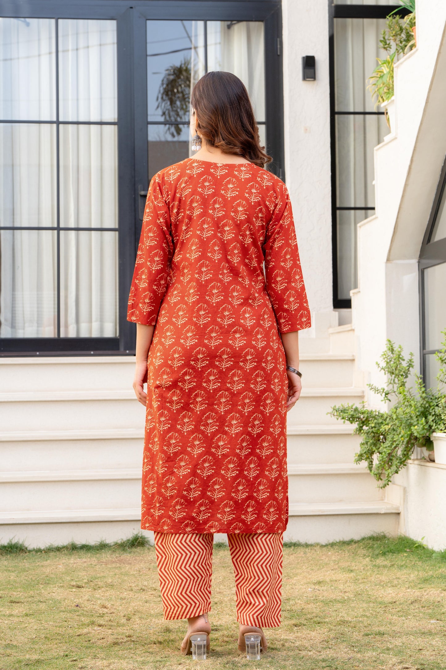 Persian Red Printed Cotton Kurta and Pant Set with Dupatta