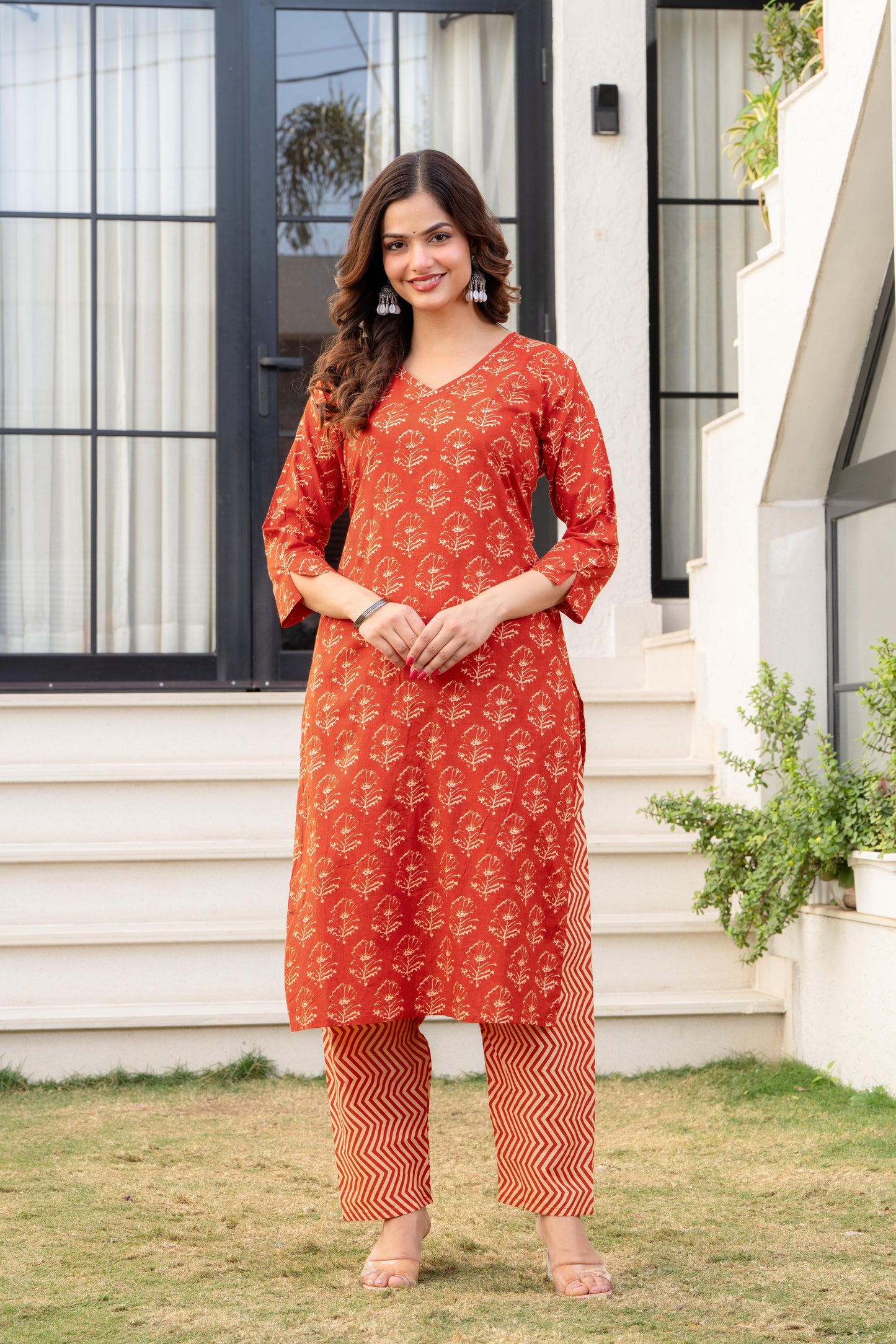 Persian Red Printed Cotton Kurta and Pant Set with Dupatta