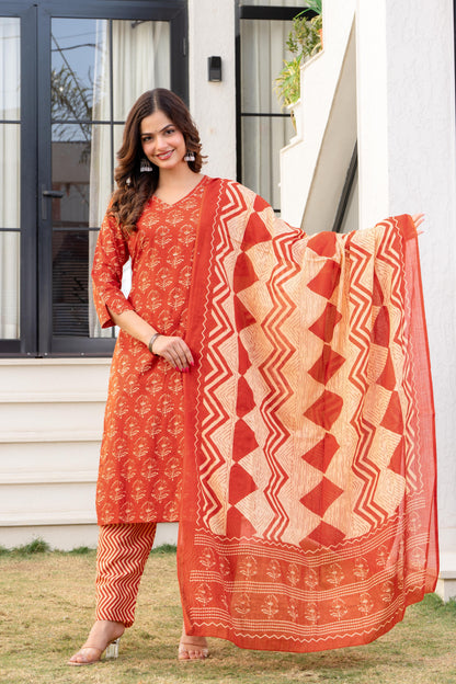 Persian Red Printed Cotton Kurta and Pant Set with Dupatta