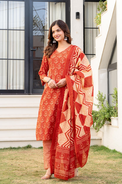 Persian Red Printed Cotton Kurta and Pant Set with Dupatta