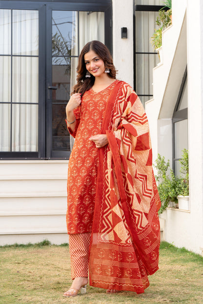 Persian Red Printed Cotton Kurta and Pant Set with Dupatta