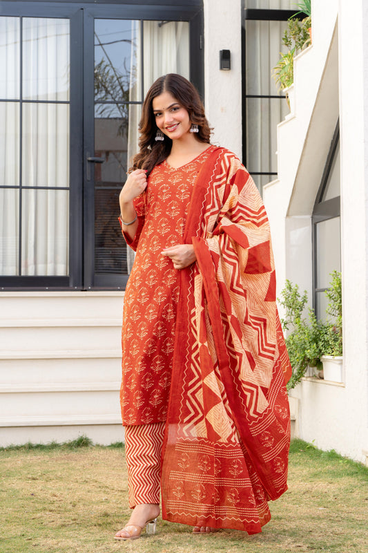 Persian Red Printed Cotton Kurta and Pant Set with Dupatta