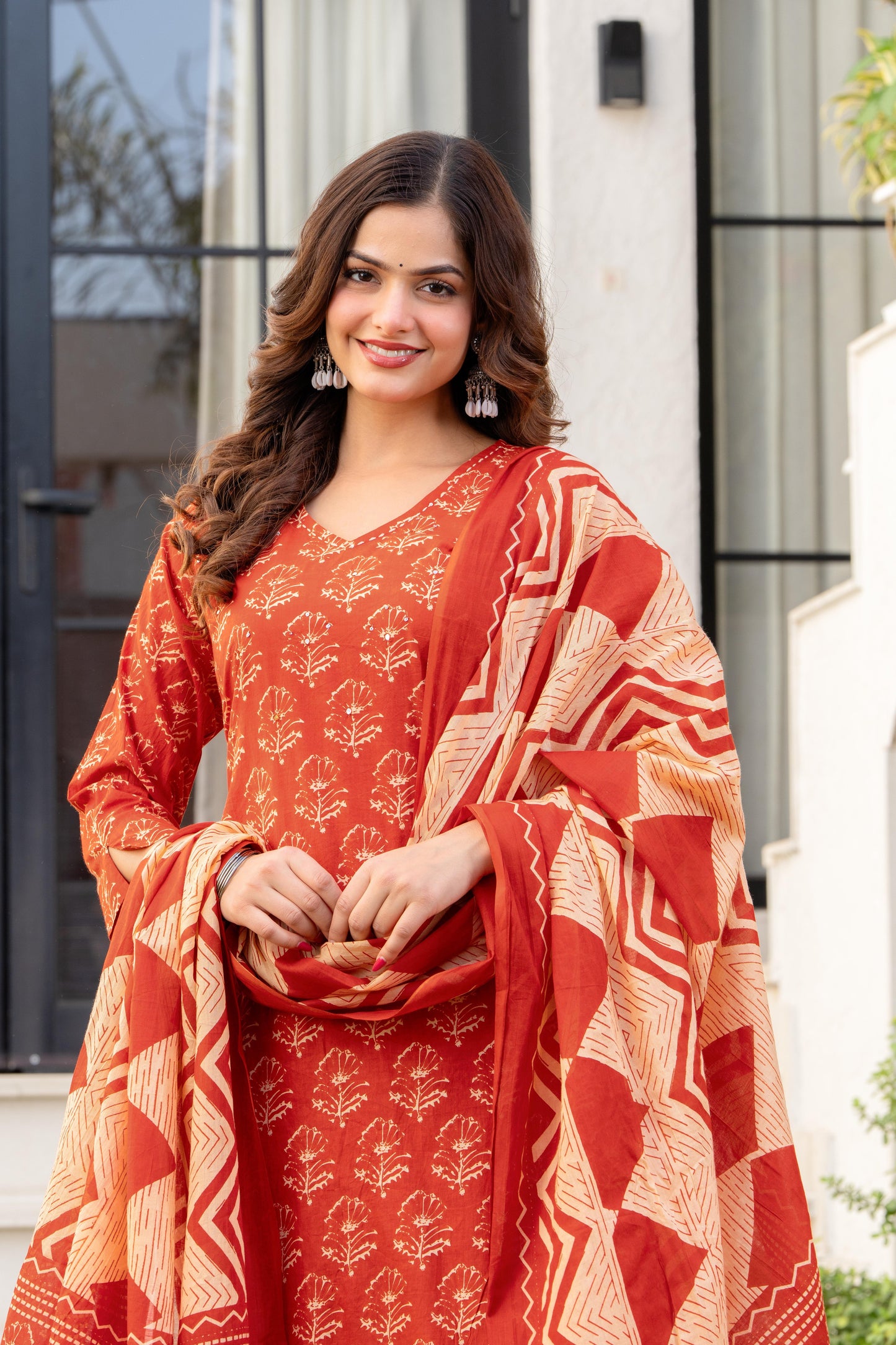 Persian Red Printed Cotton Kurta and Pant Set with Dupatta