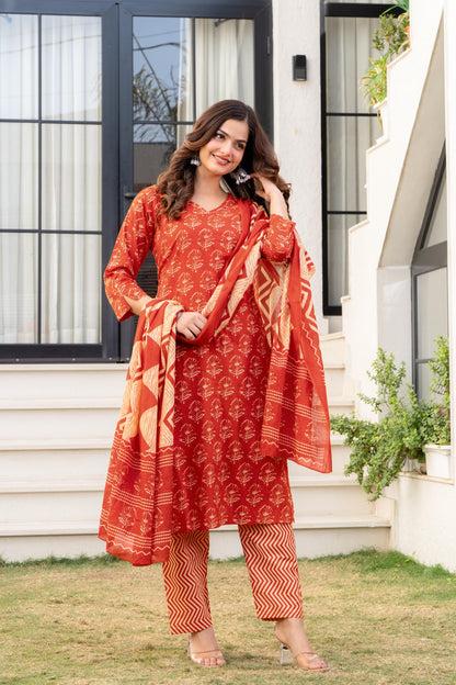 Persian Red Printed Cotton Kurta and Pant Set with Dupatta