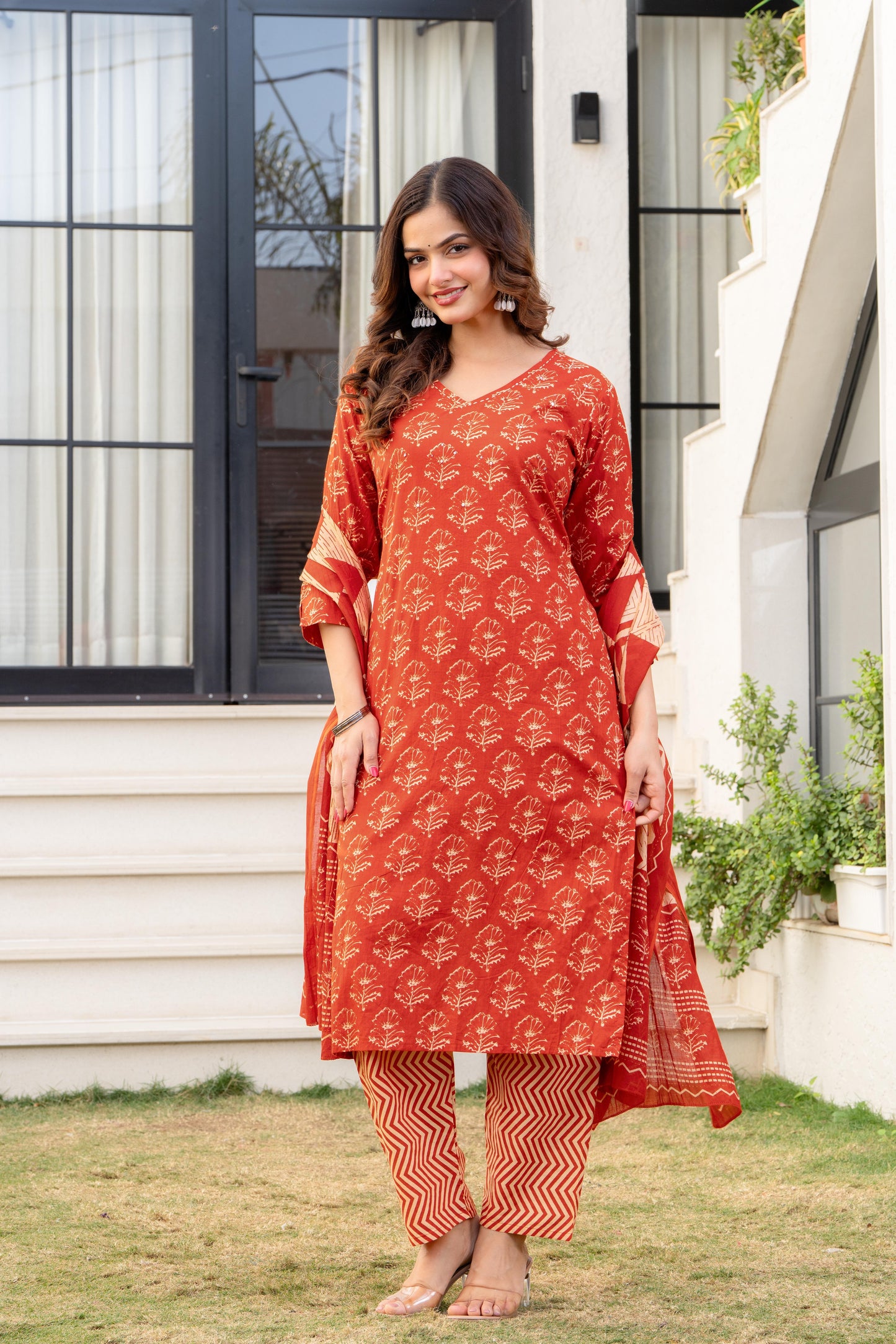 Persian Red Printed Cotton Kurta and Pant Set with Dupatta