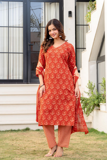 Persian Red Printed Cotton Kurta and Pant Set with Dupatta