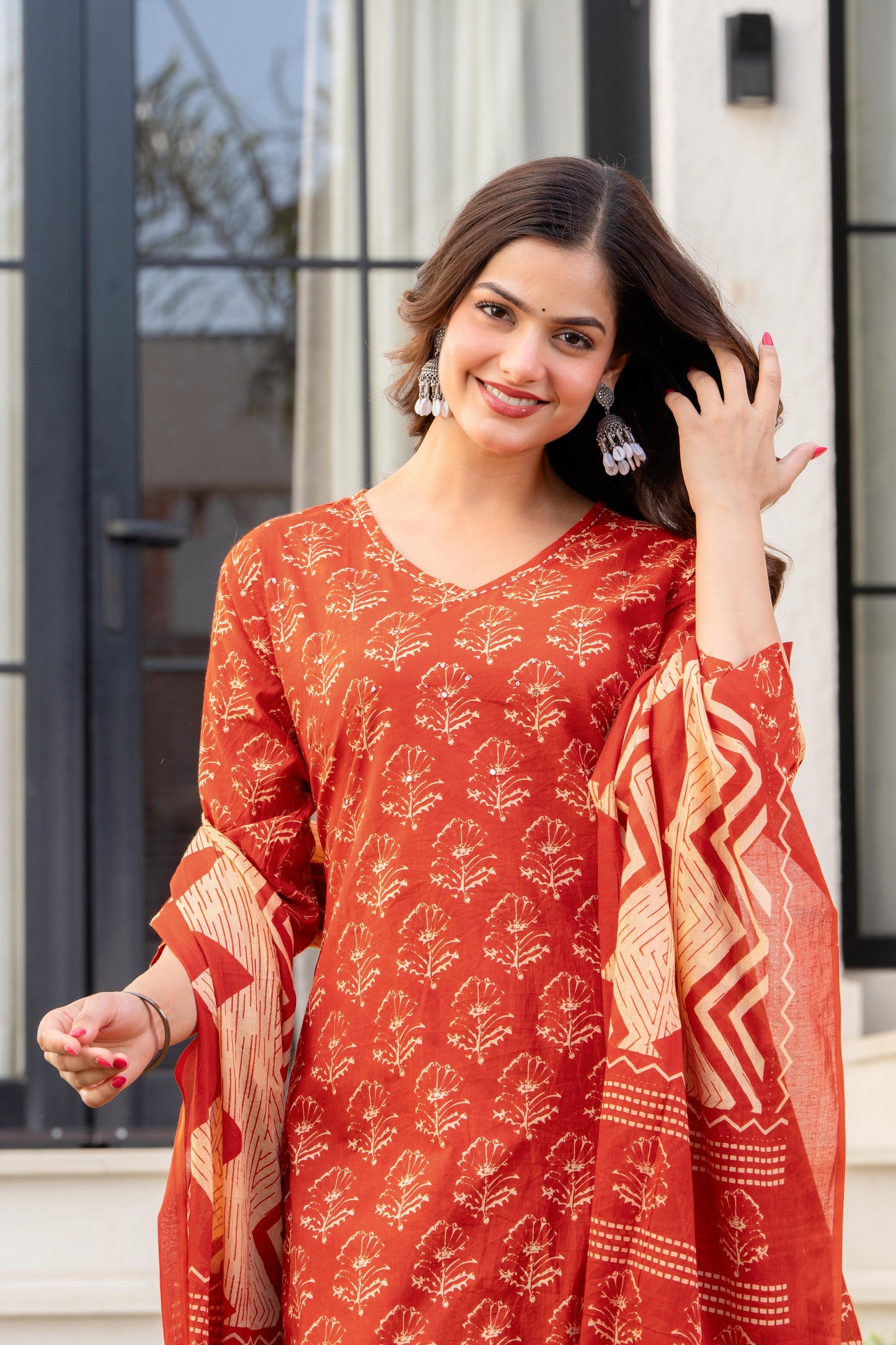 Persian Red Printed Cotton Kurta and Pant Set with Dupatta