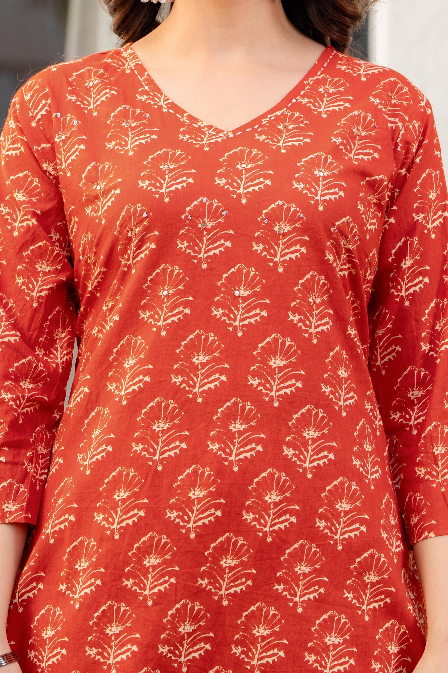 Persian Red Printed Cotton Kurta and Pant Set with Dupatta