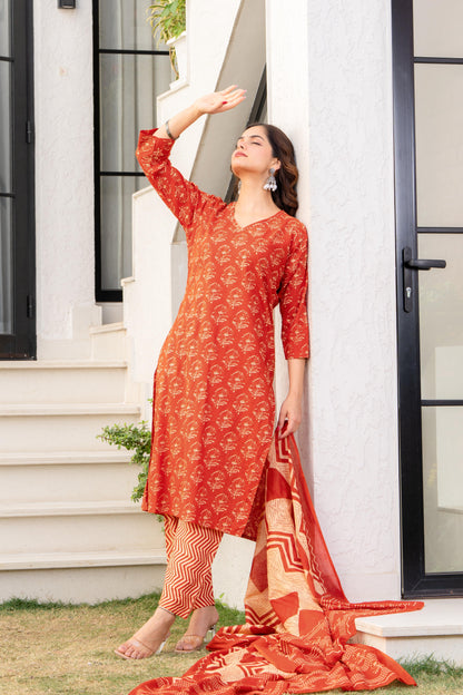 Persian Red Printed Cotton Kurta and Pant Set with Dupatta