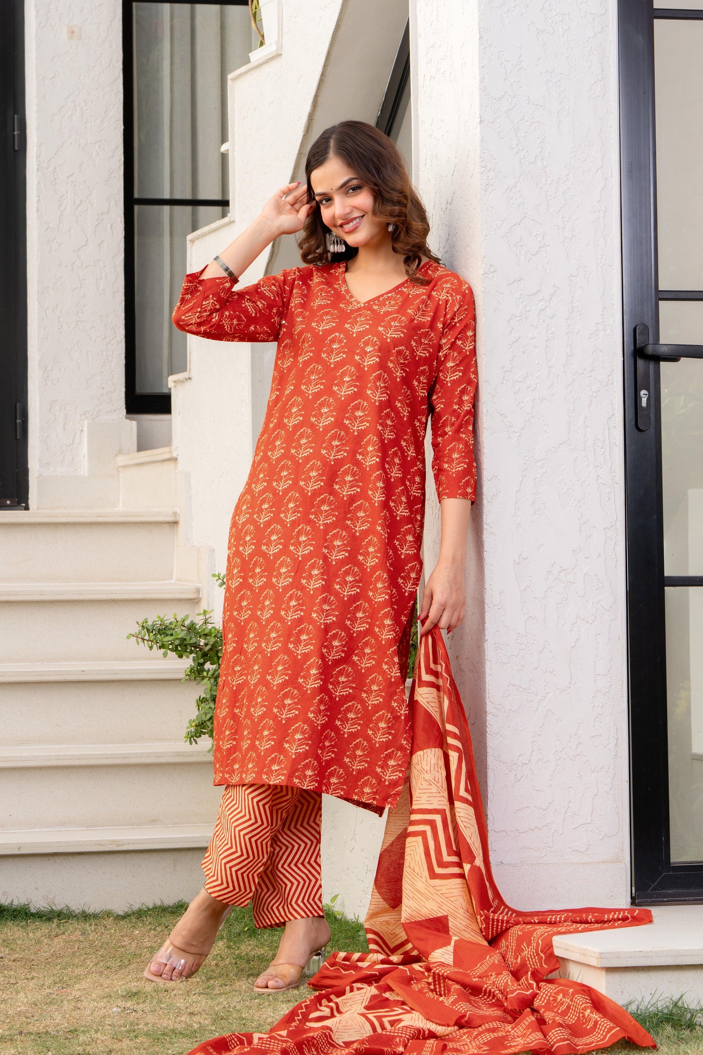 Persian Red Printed Cotton Kurta and Pant Set with Dupatta