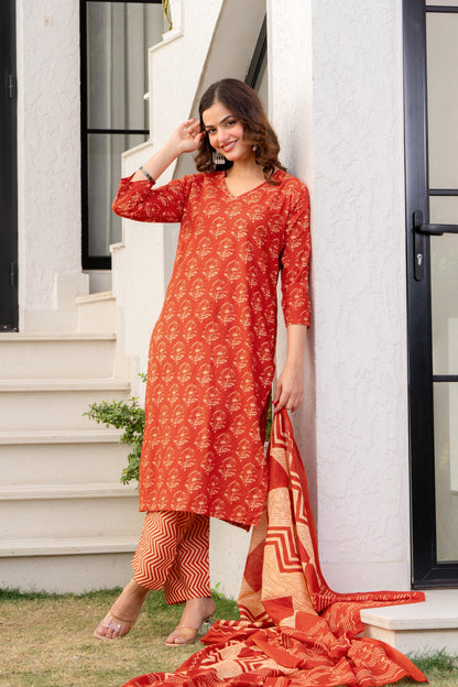 Persian Red Printed Cotton Kurta and Pant Set with Dupatta