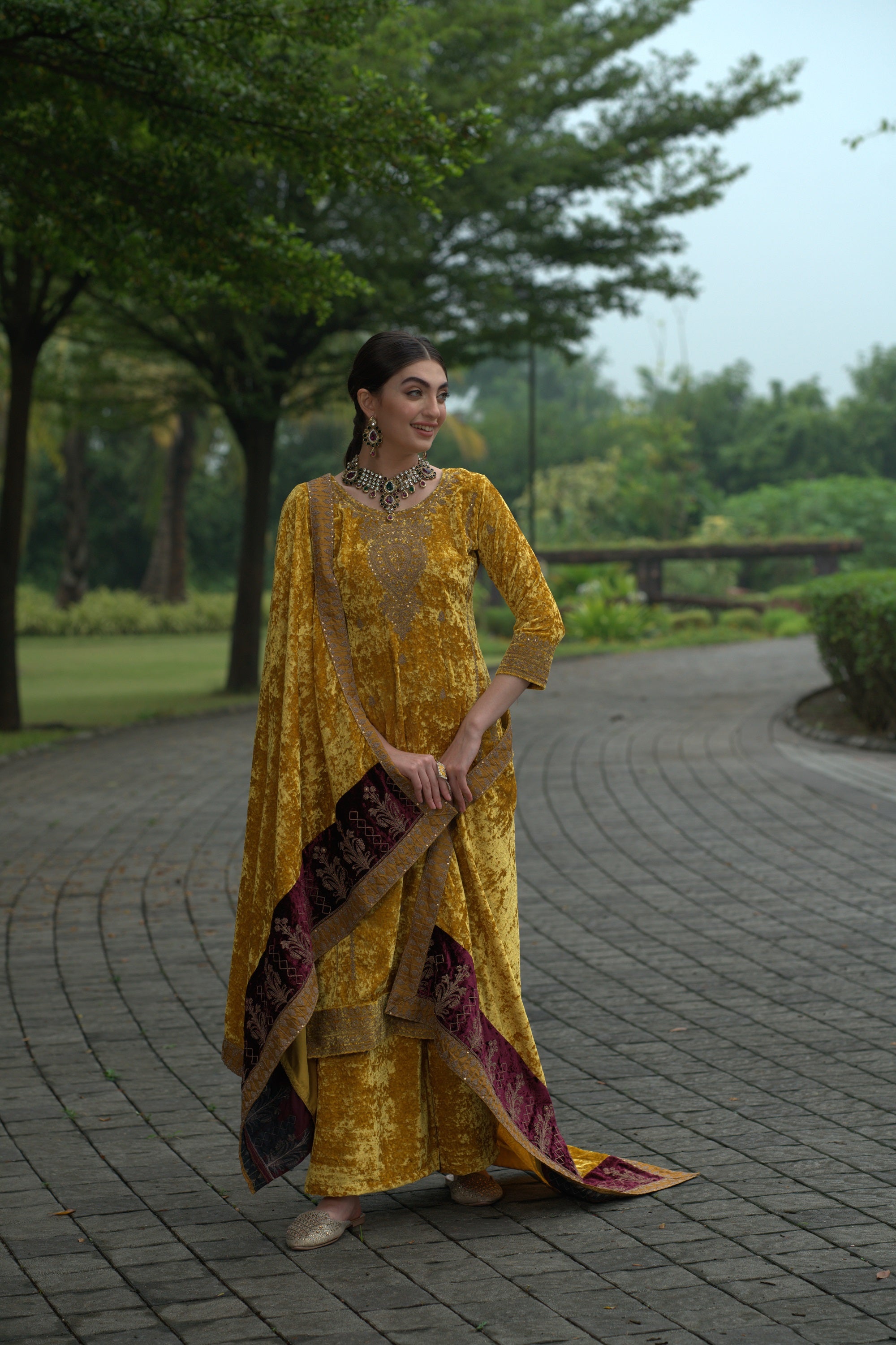 Yellow Designer Velvet Pakistani Suit Set