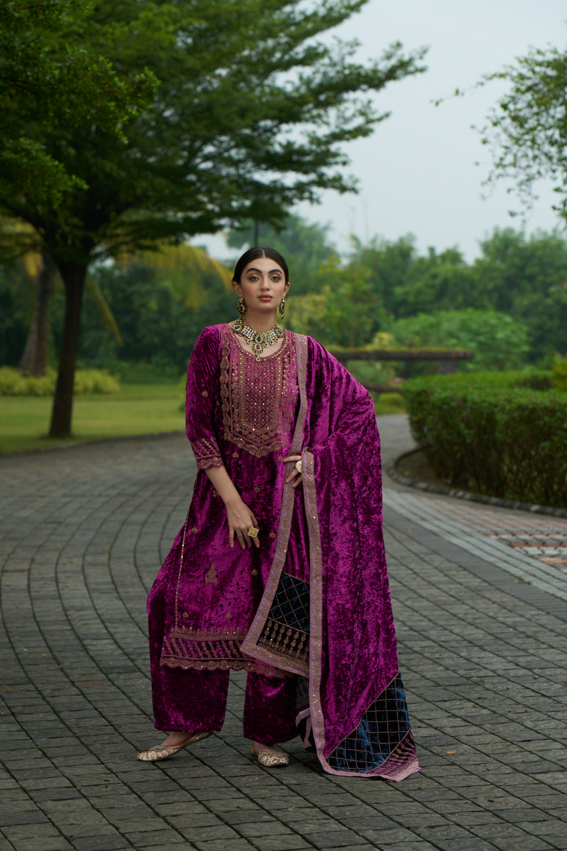 Dark Carnation Pink Designer Velvet Pakistani Suit Set