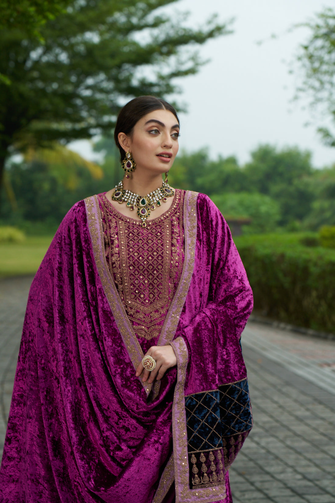 Dark Carnation Pink Designer Velvet Pakistani Suit Set