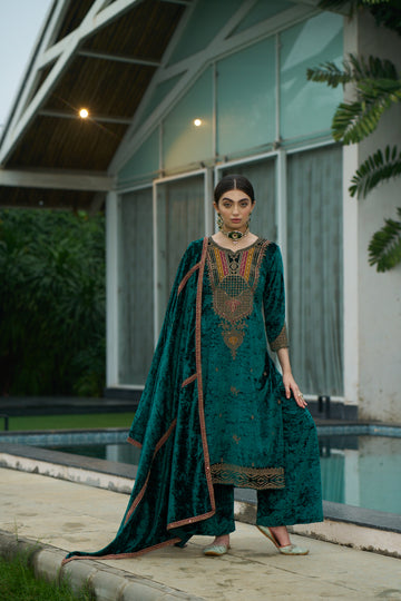 Teal Green Designer Velvet Pakistani Suit Set