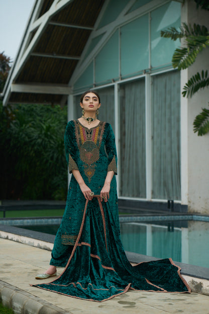 Teal Green Designer Velvet Pakistani Suit Set