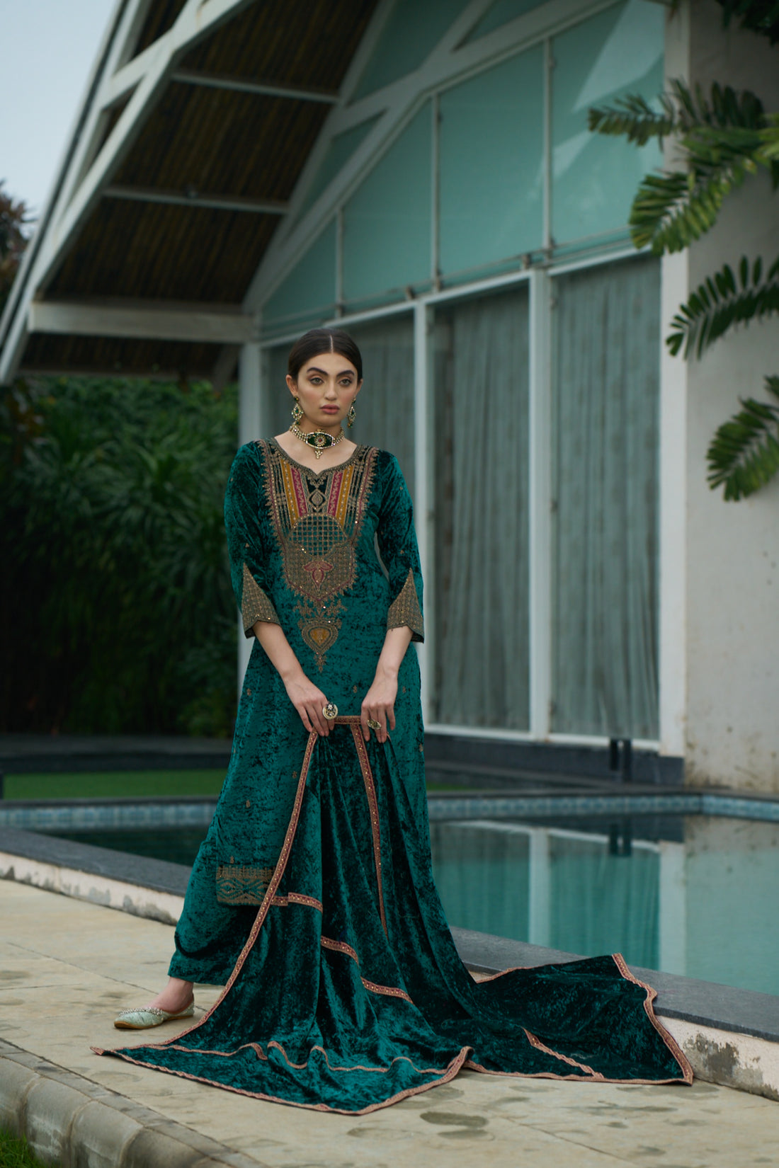 Teal Green Designer Velvet Pakistani Suit Set