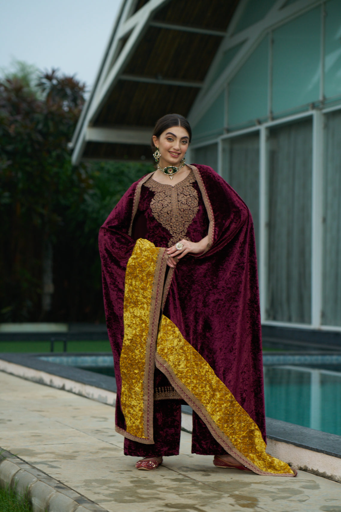 Maroon Designer Velvet Pakistani Suit Set