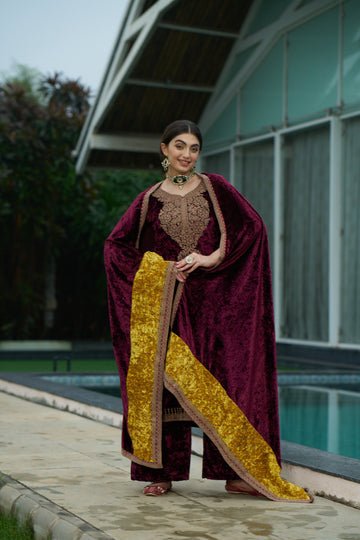 Maroon Designer Velvet Pakistani Suit Set