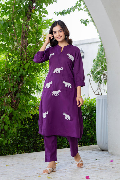 Grape Purple Embroidered Cotton Co-Ord Set