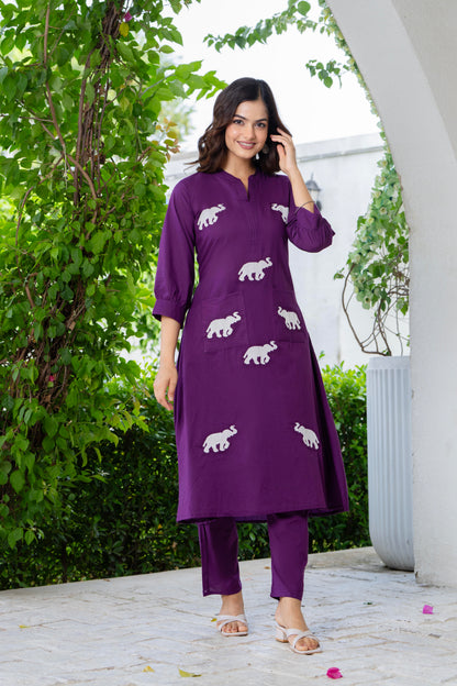 Grape Purple Embroidered Cotton Co-Ord Set