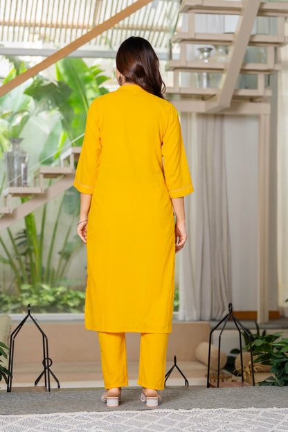 Yellow Embroidered Cotton Kurta and Pant Set
