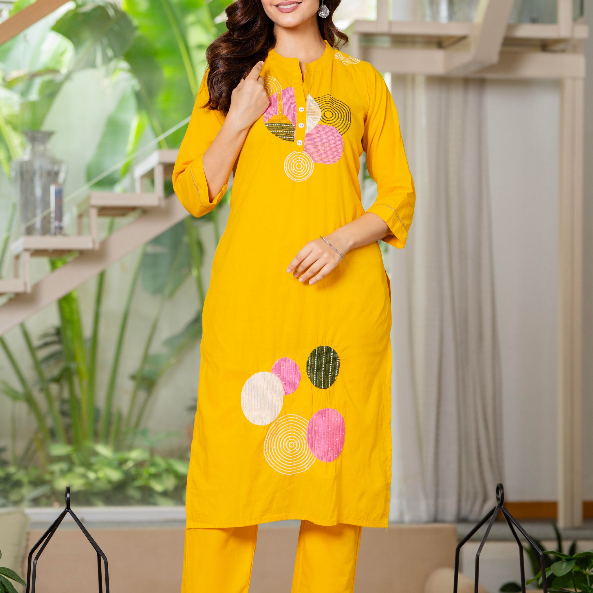 Yellow Embroidered Cotton Kurta and Pant Set