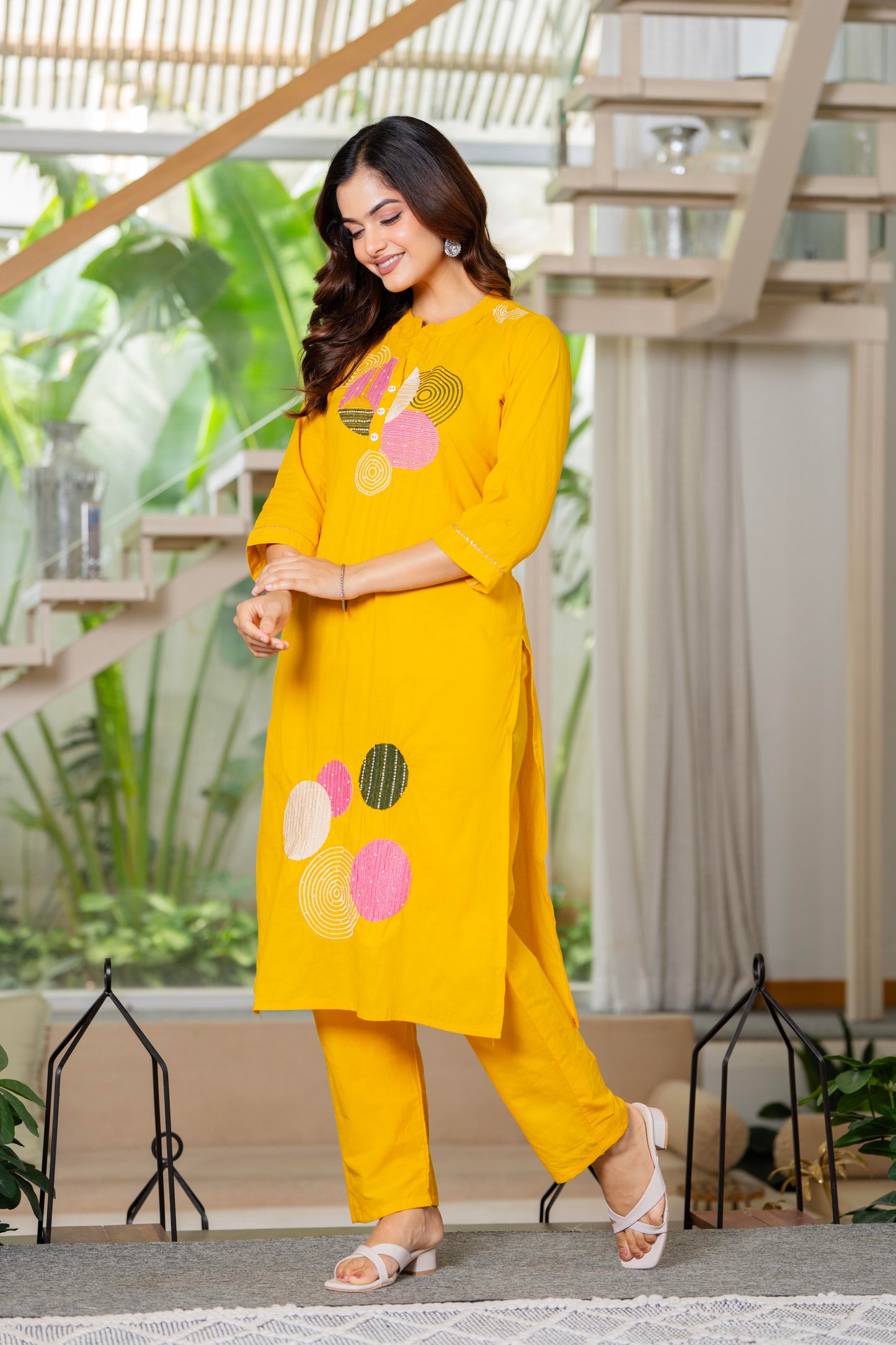 Yellow Embroidered Cotton Kurta and Pant Set