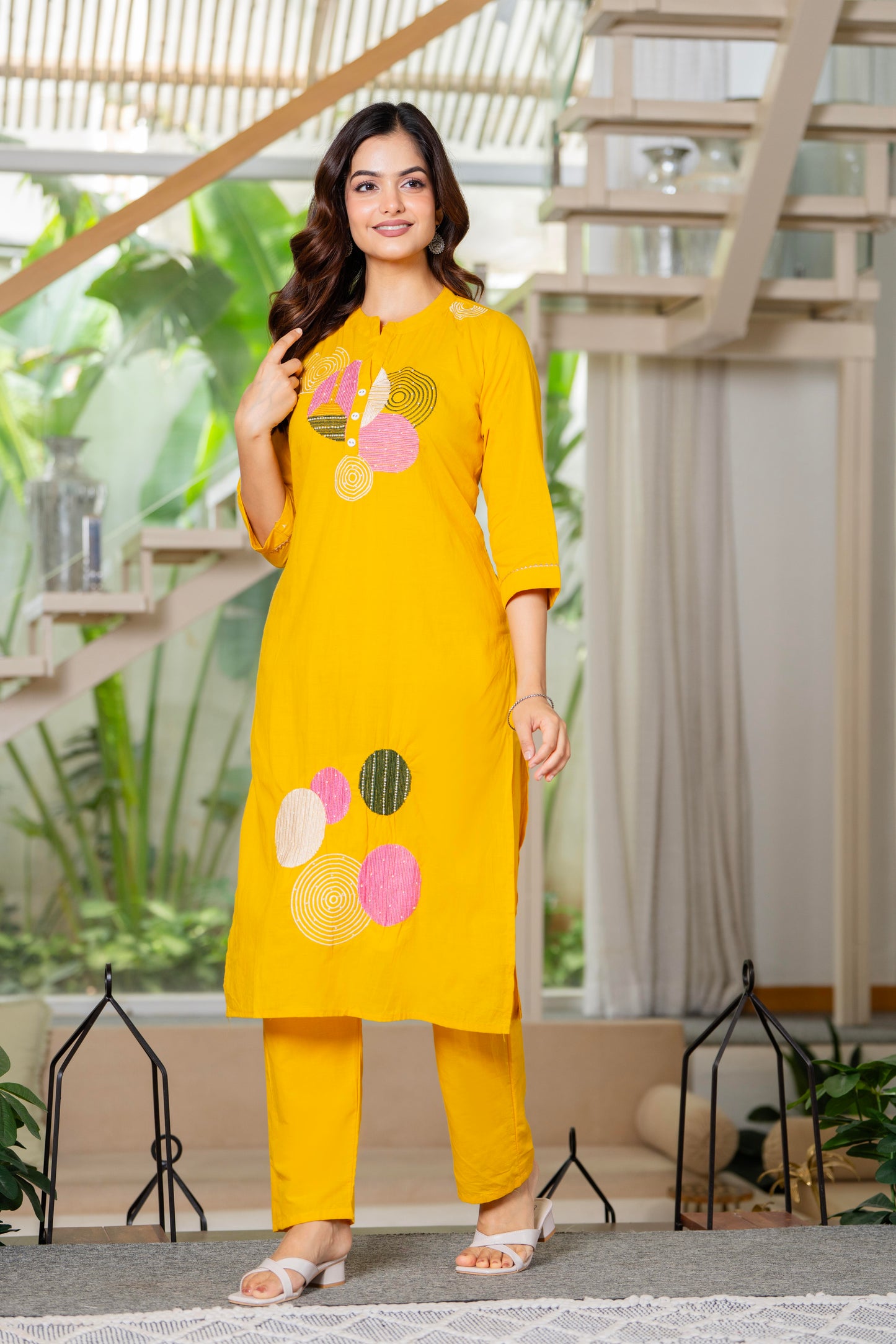 Yellow Embroidered Cotton Kurta and Pant Set