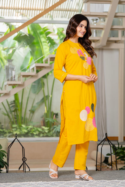 Yellow Embroidered Cotton Kurta and Pant Set